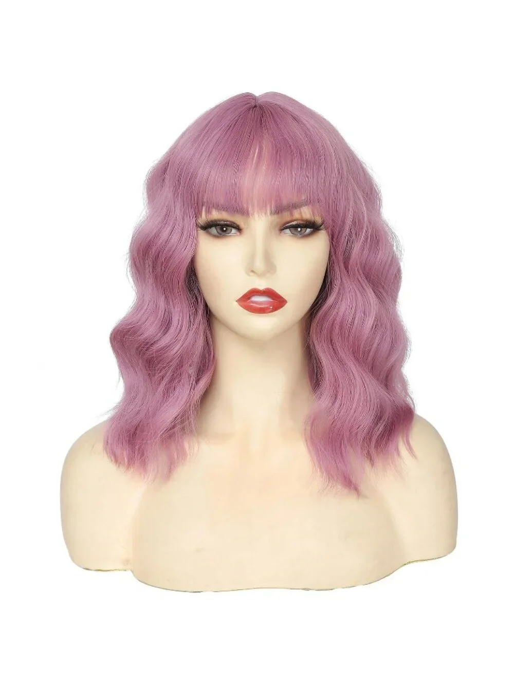 Women's Purple Pink 14 Inch Heat Resistant Short Wavy Hair Pastel Bob Wig Bangs